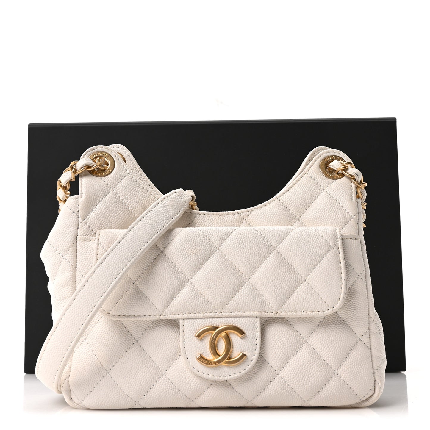 Caviar Quilted Small Wavy CC Hobo White