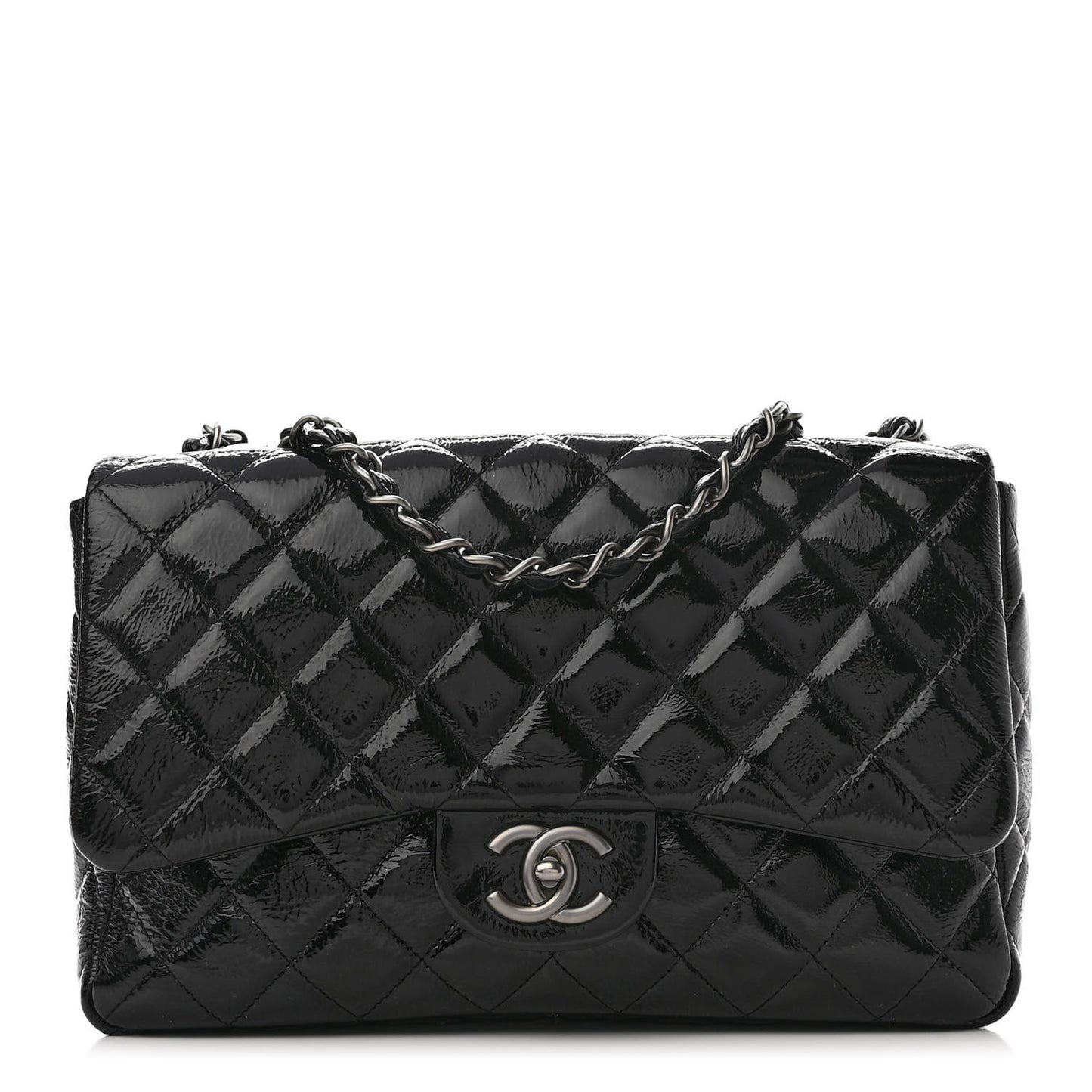 Crinkled Patent Quilted Jumbo Single Flap Black
