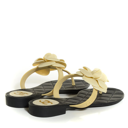 Chanel Jelly Quilted Camellia Thong Sandals 36 Black Beige 4 of 7