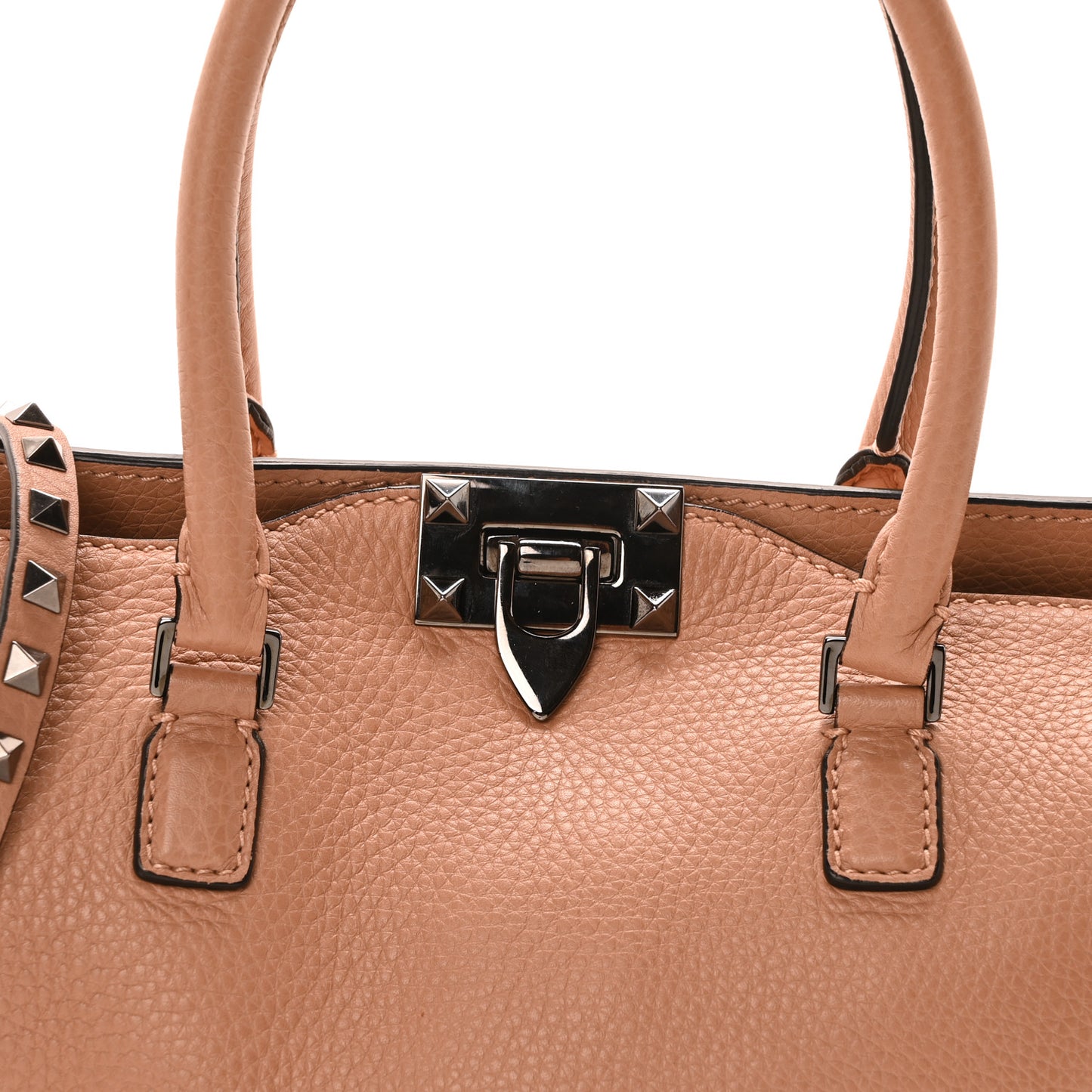 Pebbled Calfskin Small Rockstud Double Handle Tote Soft Noisette