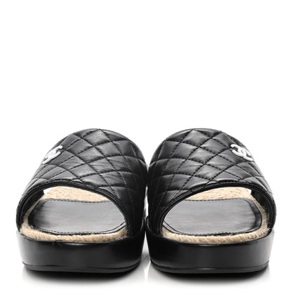 Chanel Lambskin Quilted CC Espadrille Slip On Sandals 39 Black 2 of 14