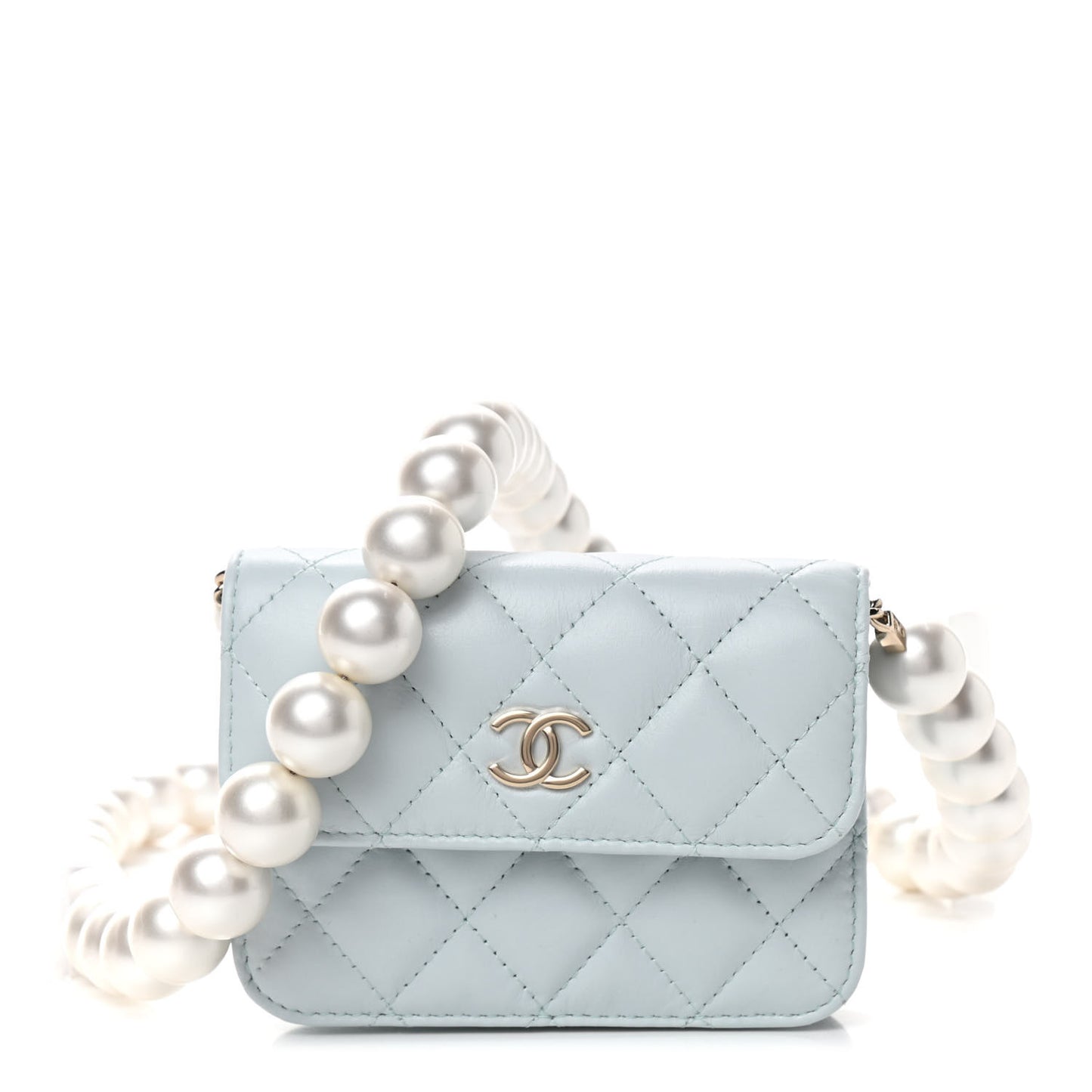 Calfskin Quilted Maxi Pearls Card Holder Flap With Chain Light Blue