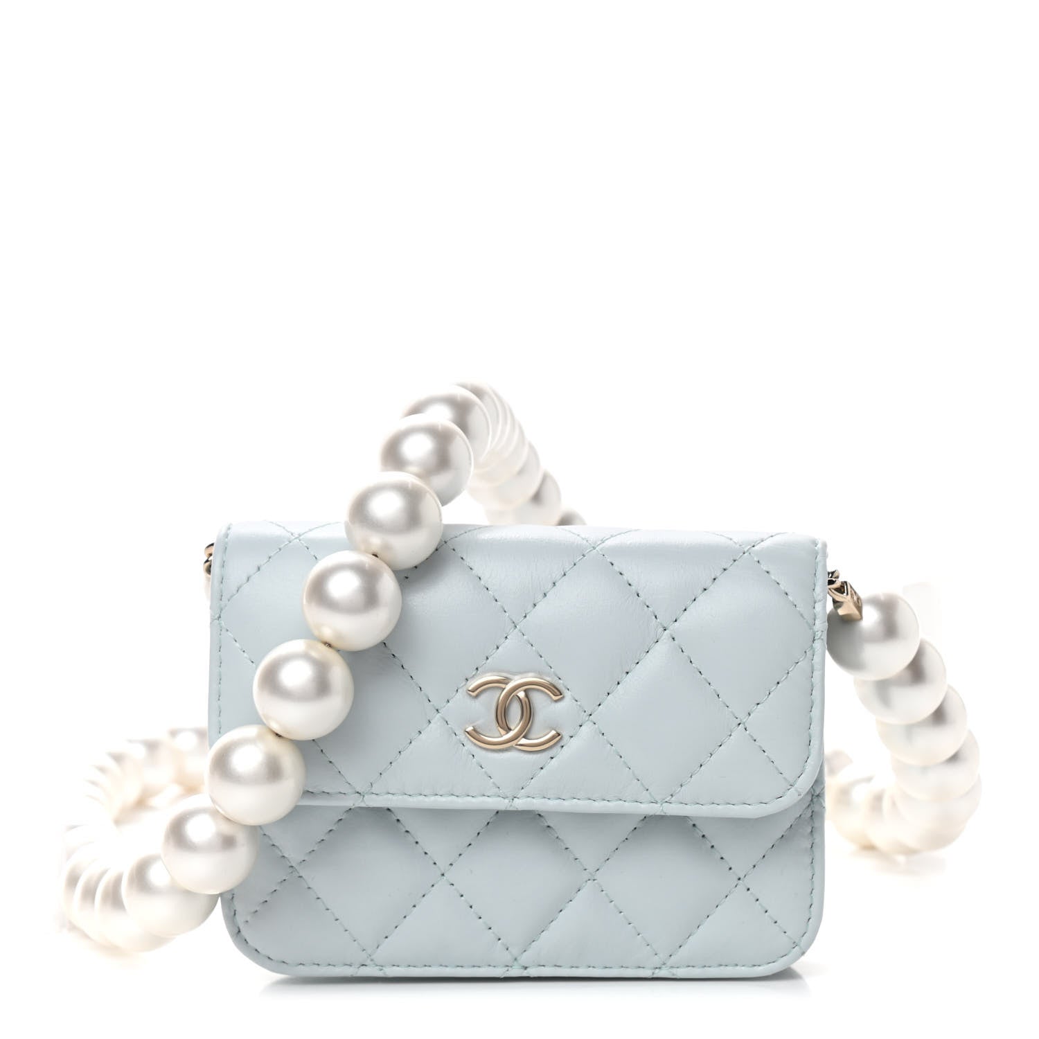 Chanel Calfskin Quilted Maxi Pearls Card Holder Flap With Chain Light Blue 1 of 10