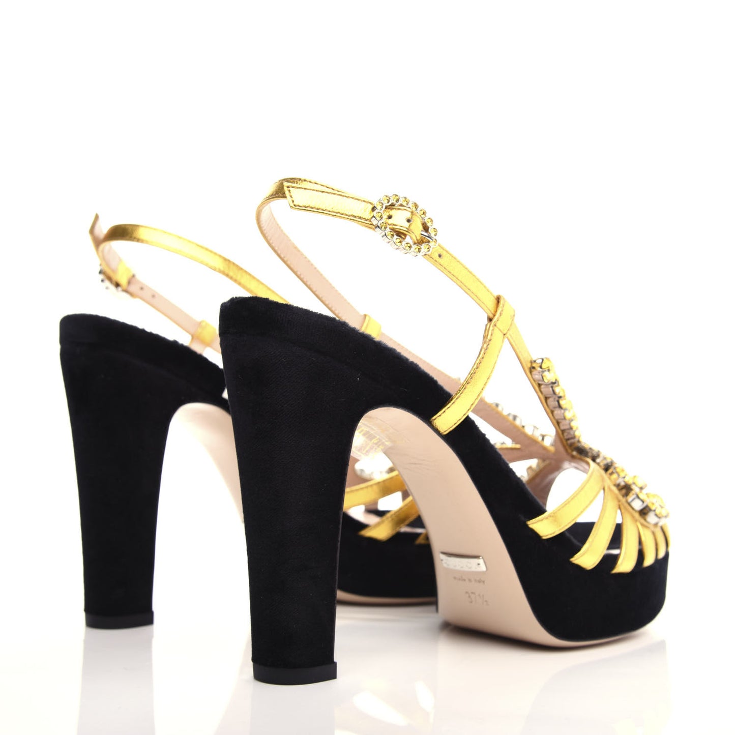 Velvet Nappa Crystal Zephyra Slingback Platform High Heel Sandals 37.5 Black Gold