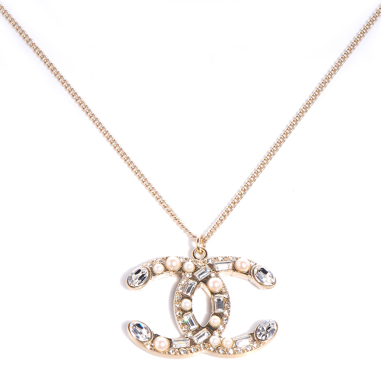 Chanel Pearl Crystal Baguette CC Long Necklace Gold 1 of 5