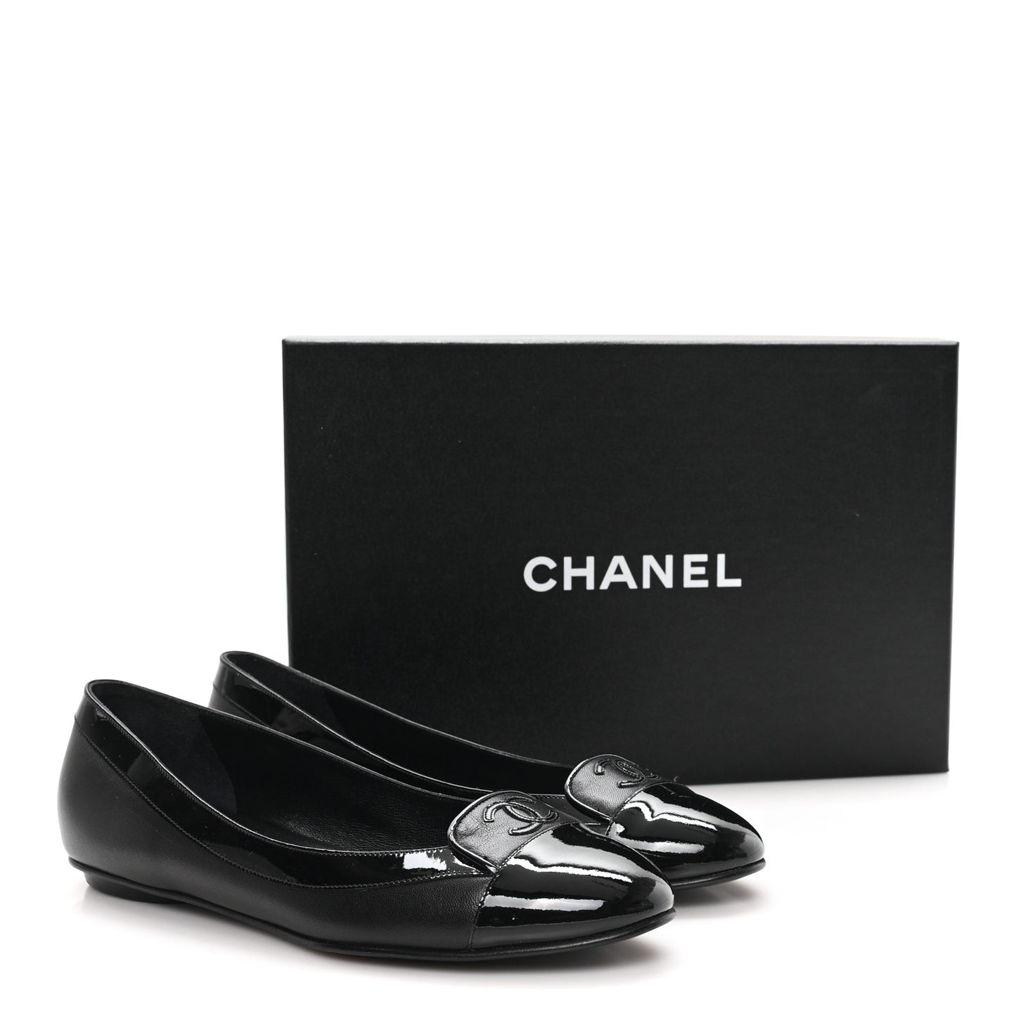 Calfskin Patent Cap Toe Ballerina Flats 38.5 Black
