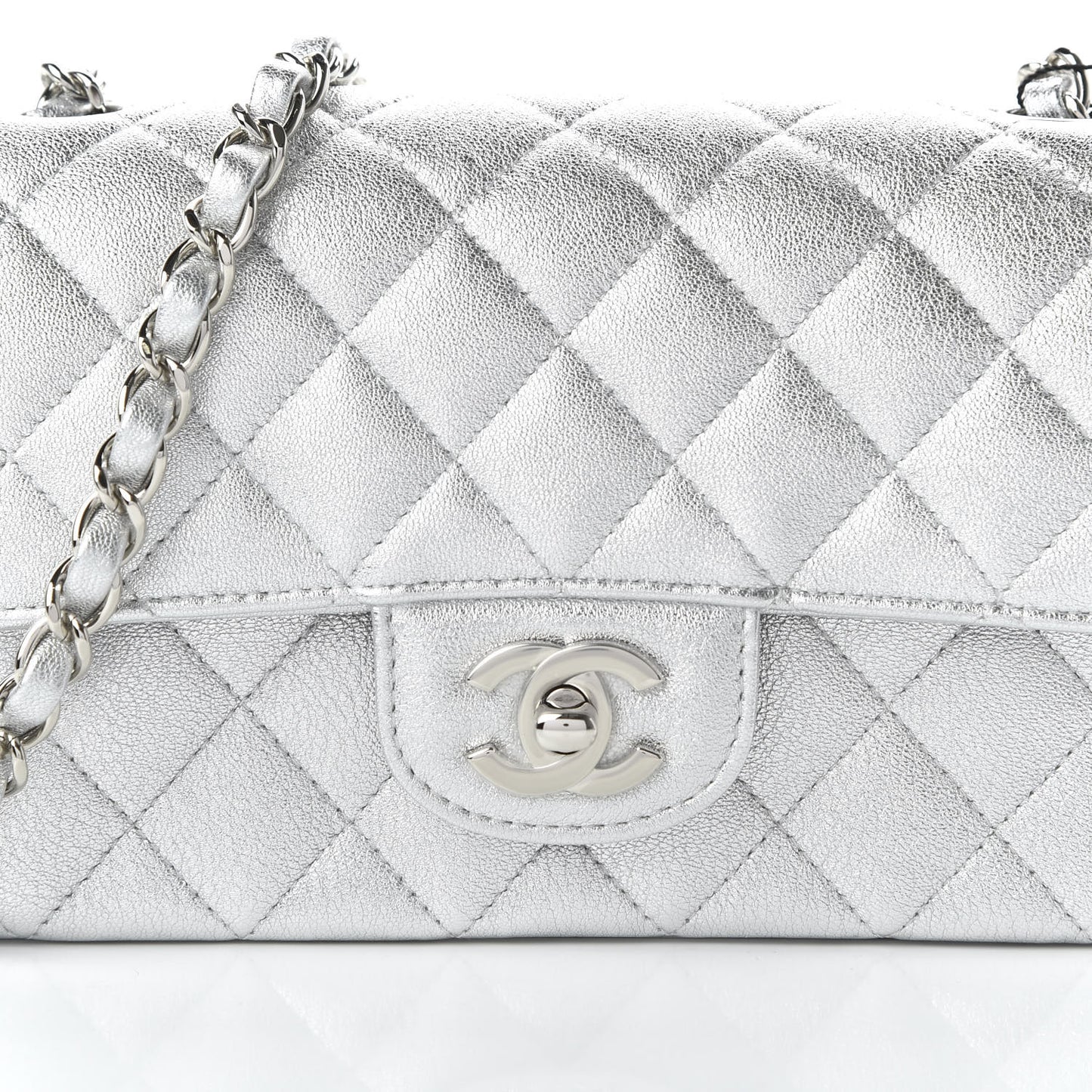 Metallic Lambskin Quilted Mini Rectangular Flap Silver