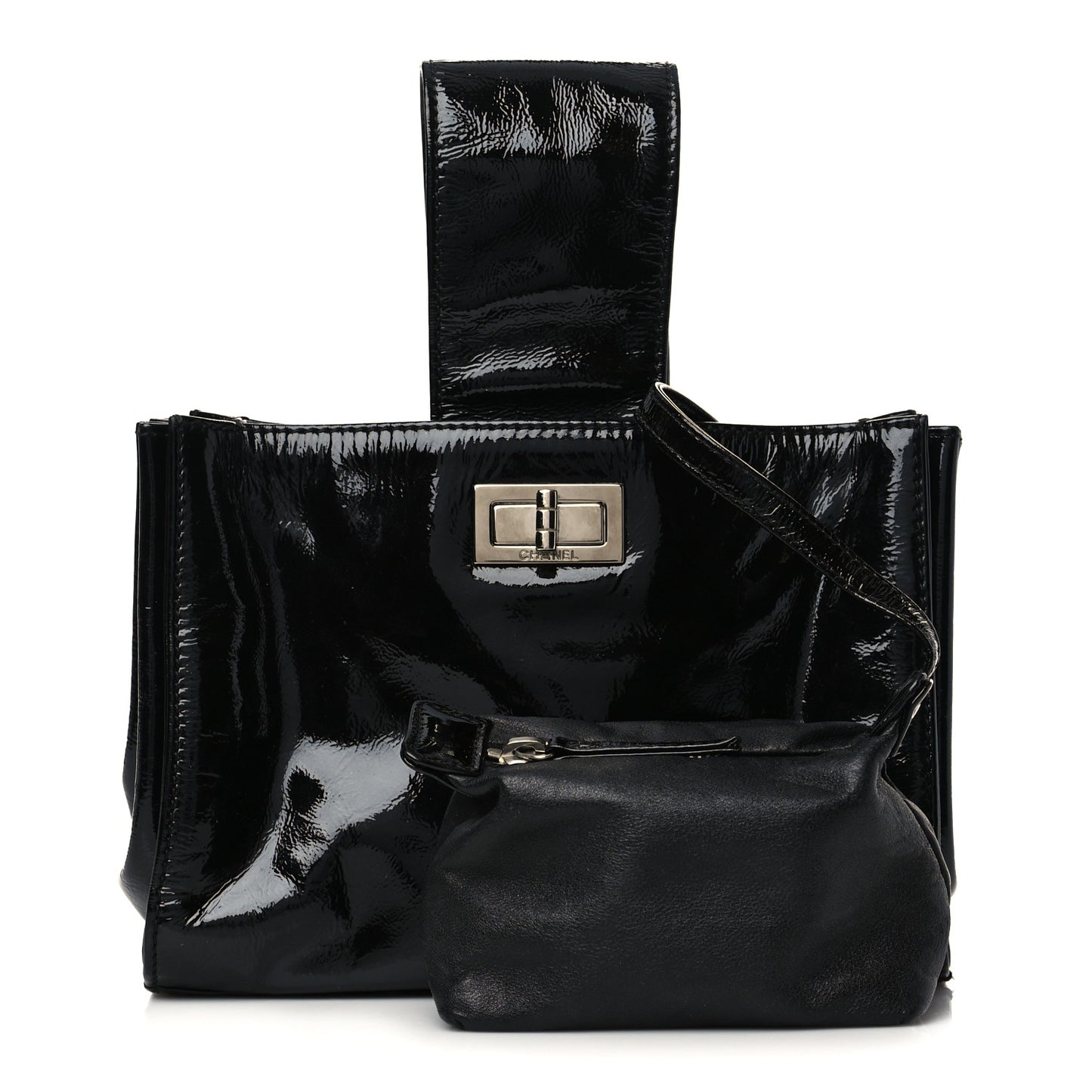 Patent Mademoiselle Lock Convertible Wrist Clutch Bag Black