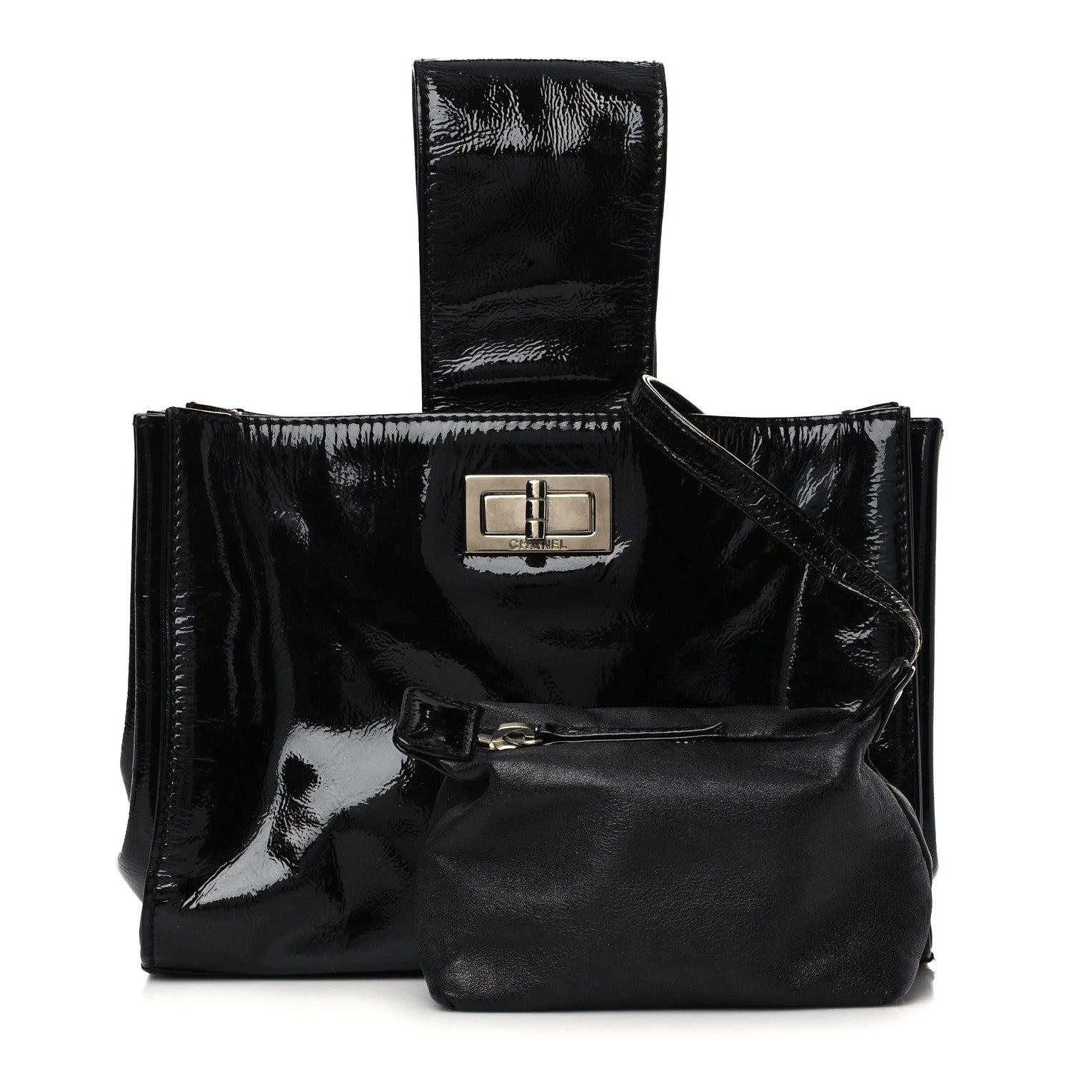 Chanel Patent Mademoiselle Lock Convertible Wrist Clutch Bag Black 1 of 10