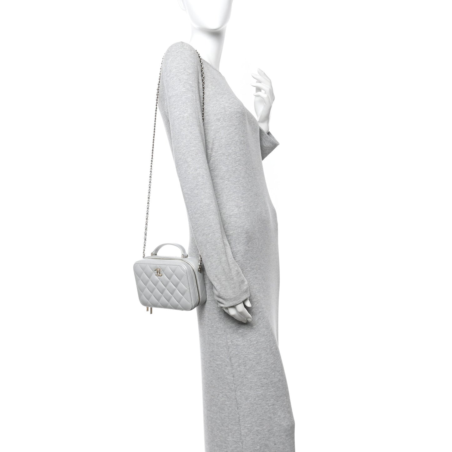 Metallic Lambskin Quilted Top Handle Vanity Case Silver