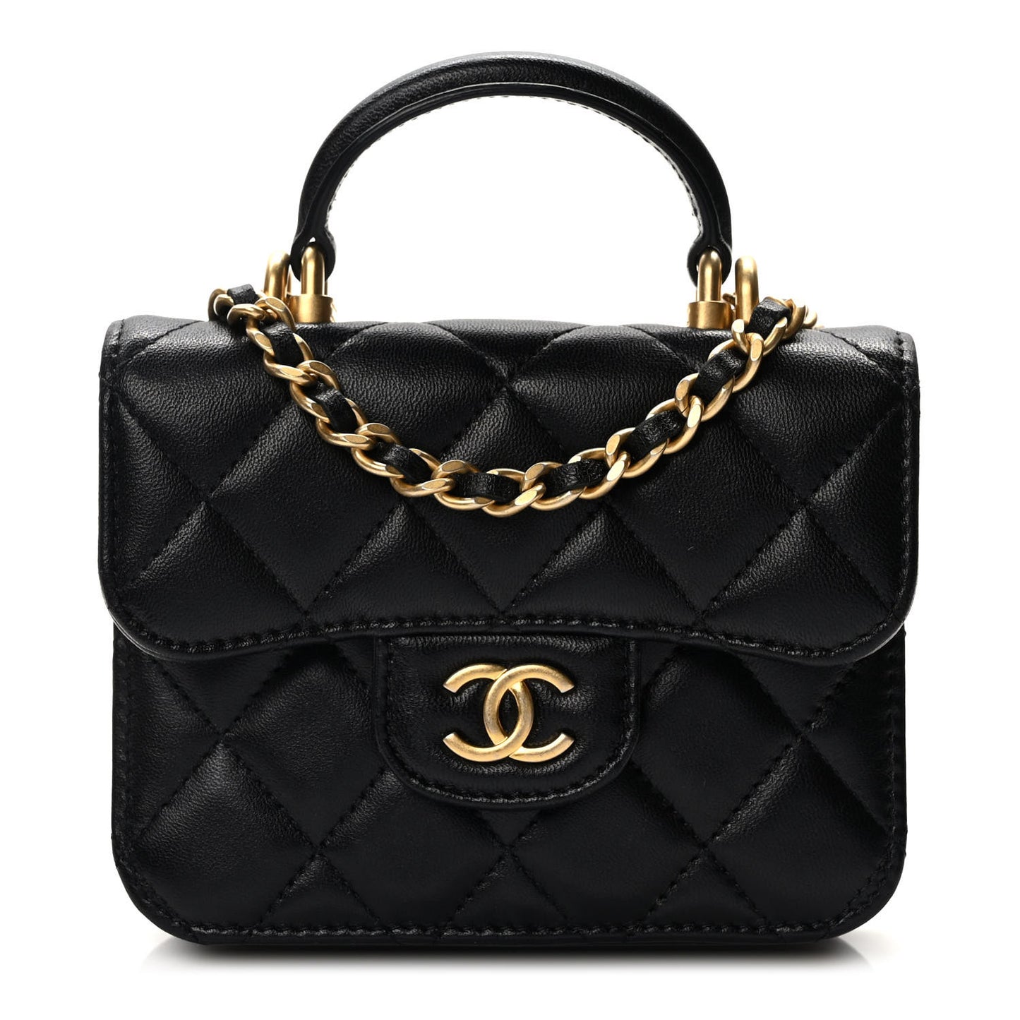 Lambskin Quilted Top Handle Flap Coin Purse With Chain Black