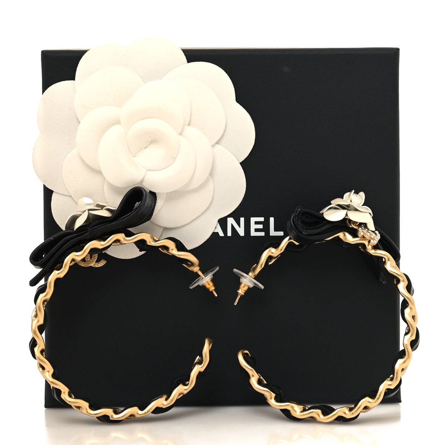 Lambskin Crystal CC Camelia Chain Hoop Earrings Gold Black White