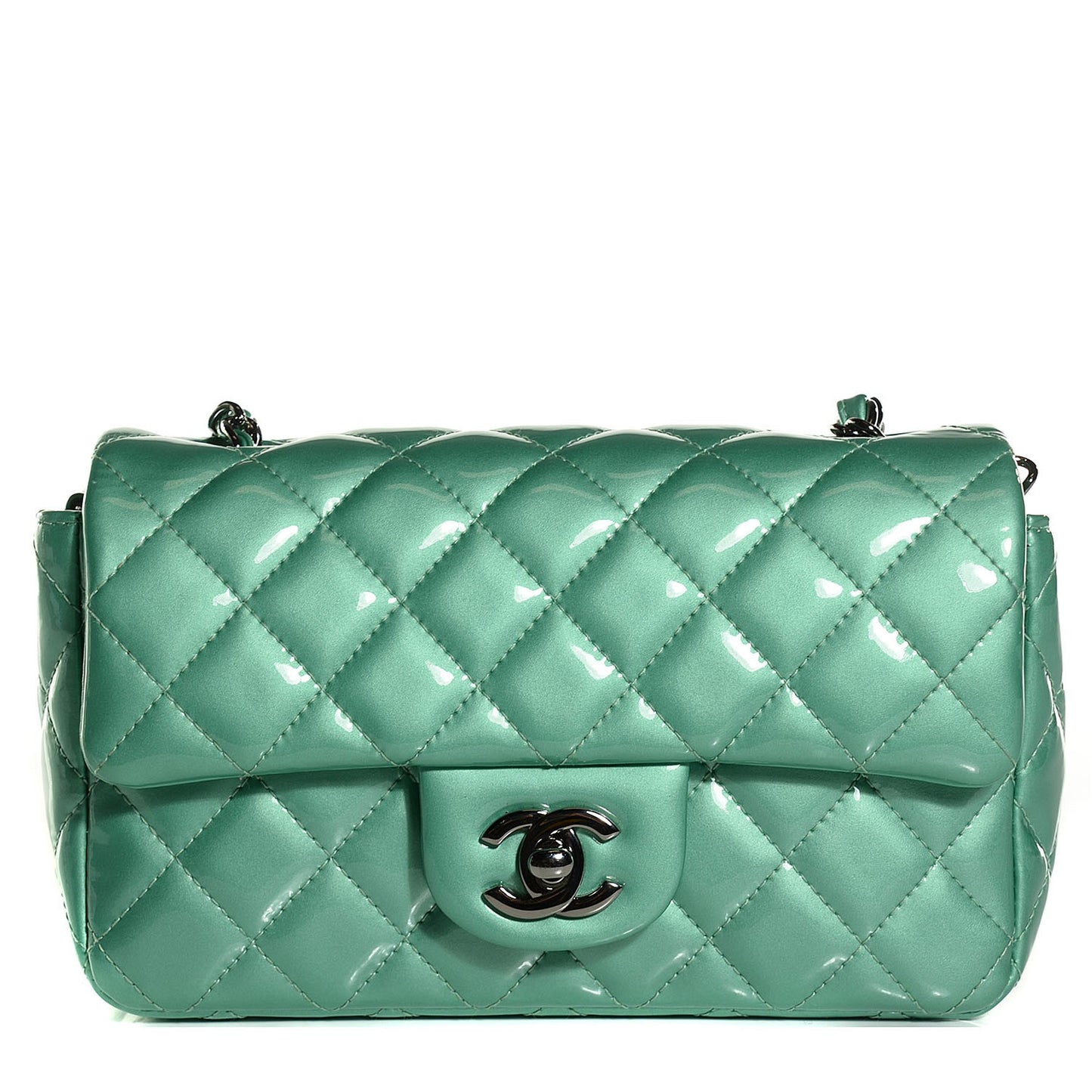 Patent Calfskin Quilted Mini Rectangular Flap Green