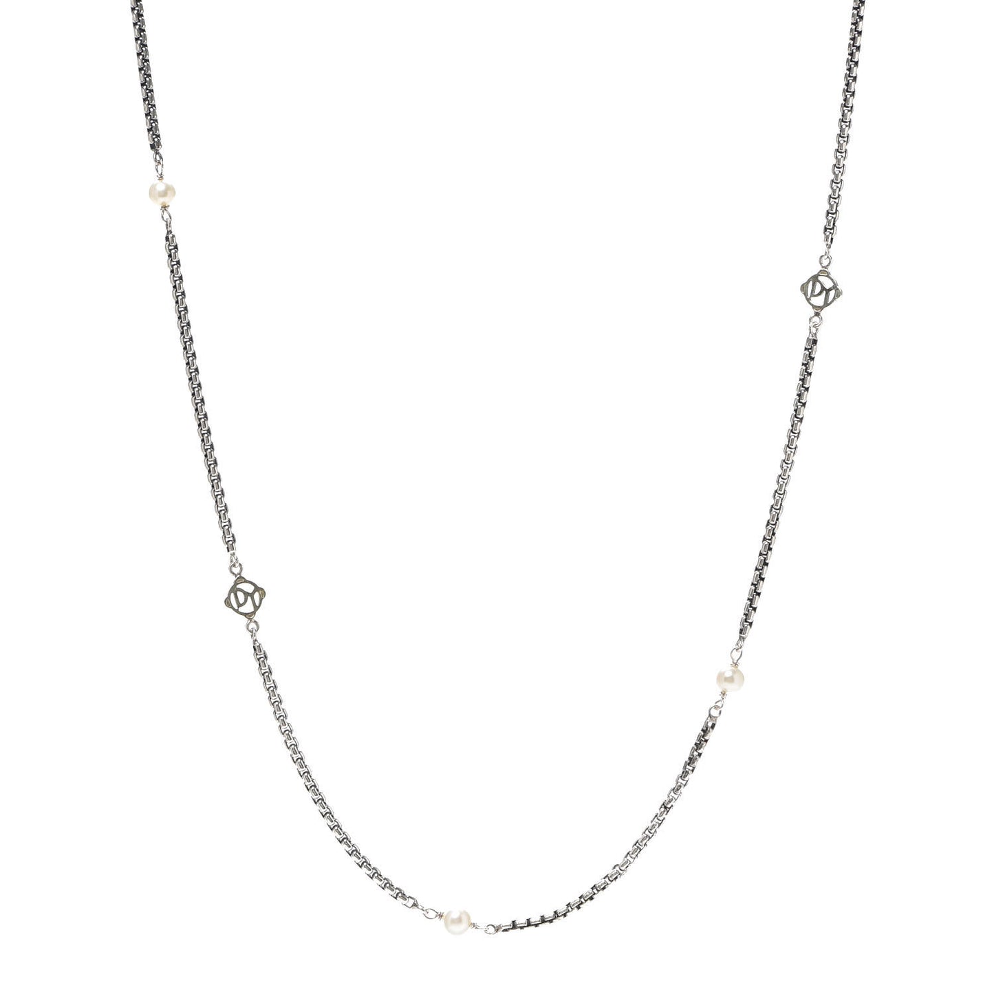 Sterling Silver 14K Yellow Gold Pearl Logo Station Necklace 30"