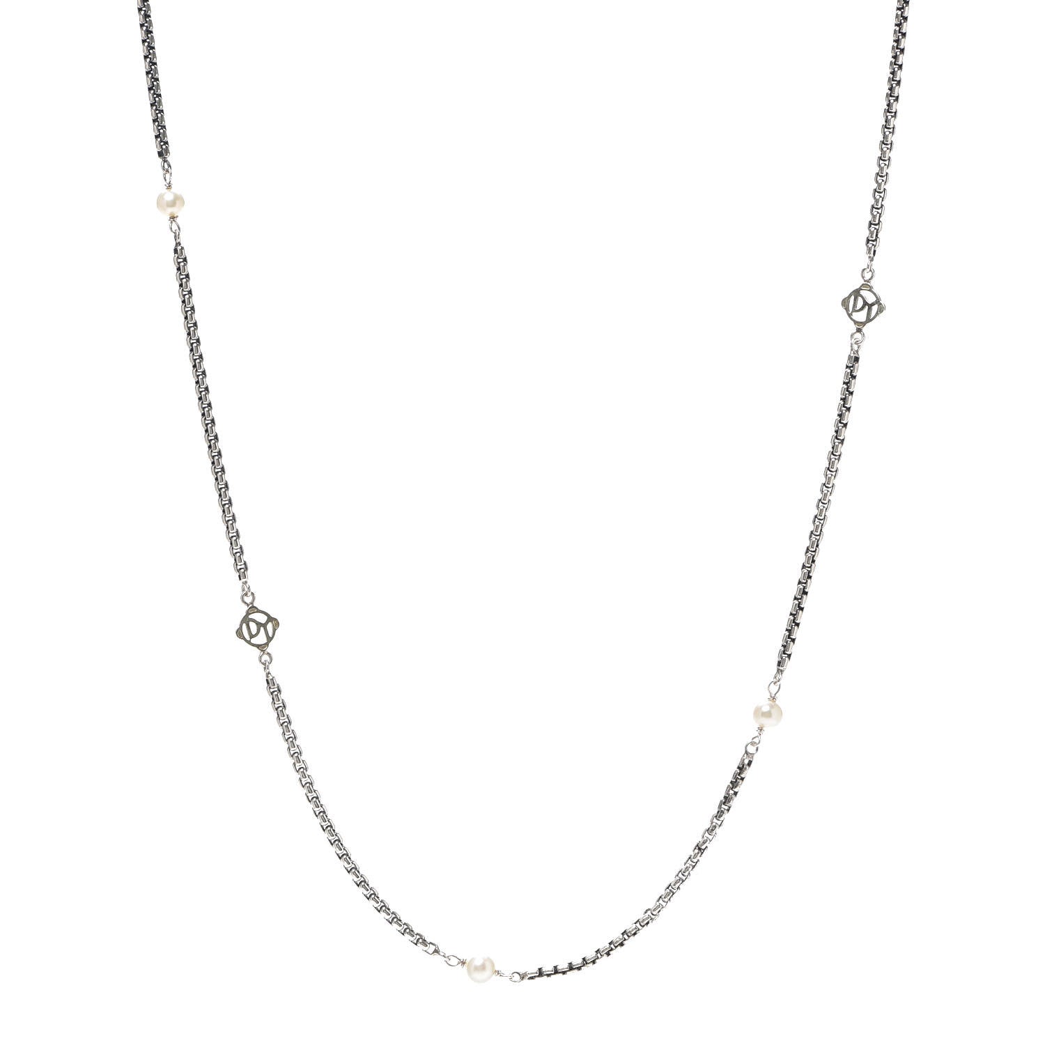David Yurman Sterling Silver 14K Yellow Gold Pearl Logo Station Necklace 30" 1 of 4