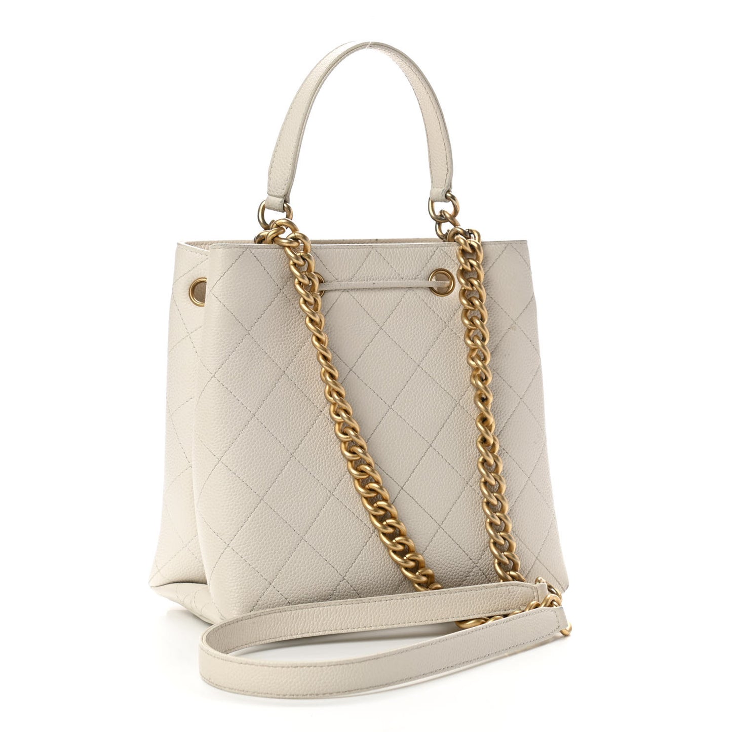 Grained Calfskin Stitched Small Drawstring Bag White