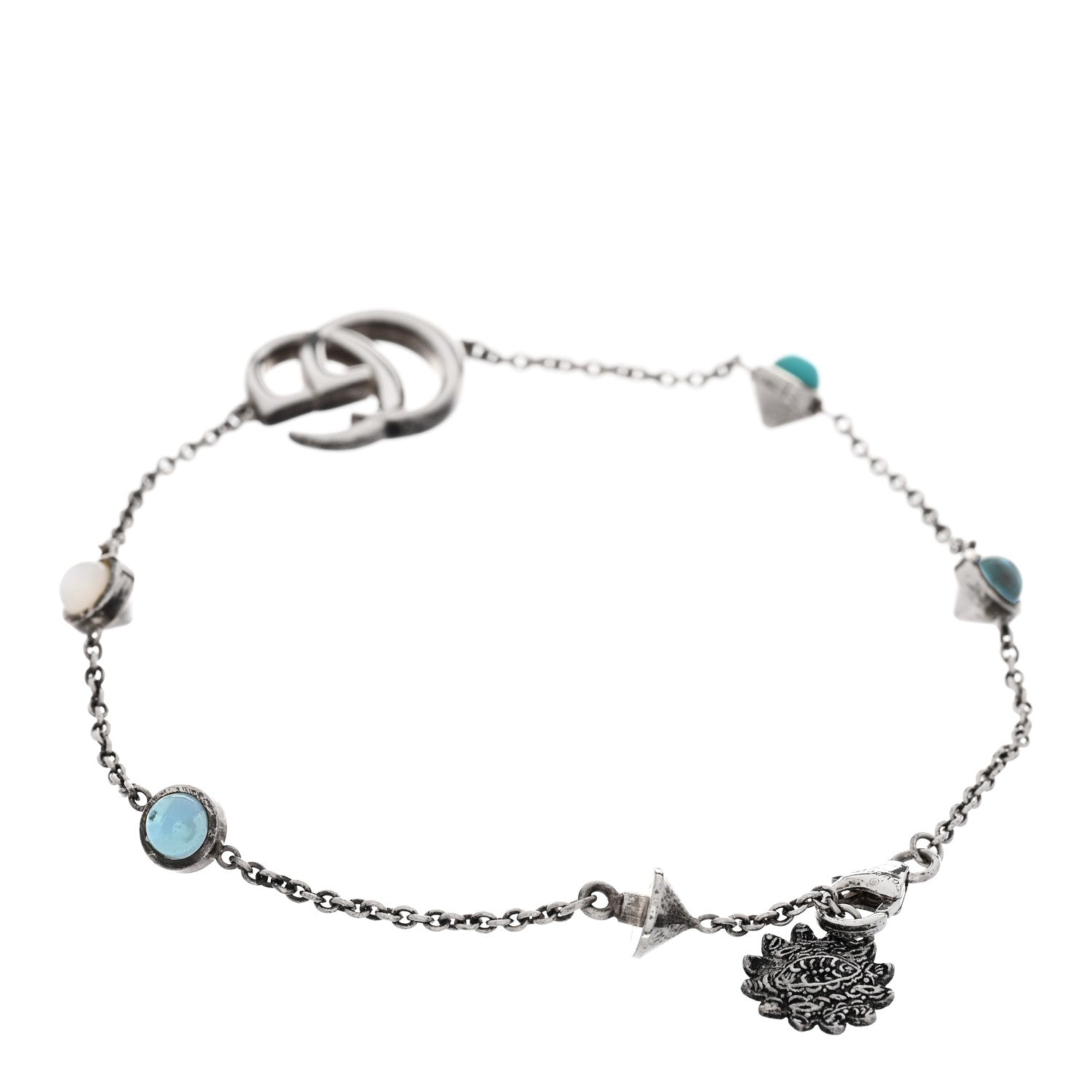 Gucci Sterling Silver Blue Topaz Mother of Pearl Resin Double G Flower Bracelet Turquoise 2 of 4