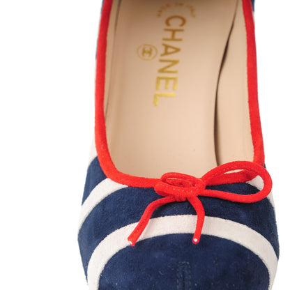 Chanel Suede Cork CC Striped Pumps 39 Navy White 9 of 9