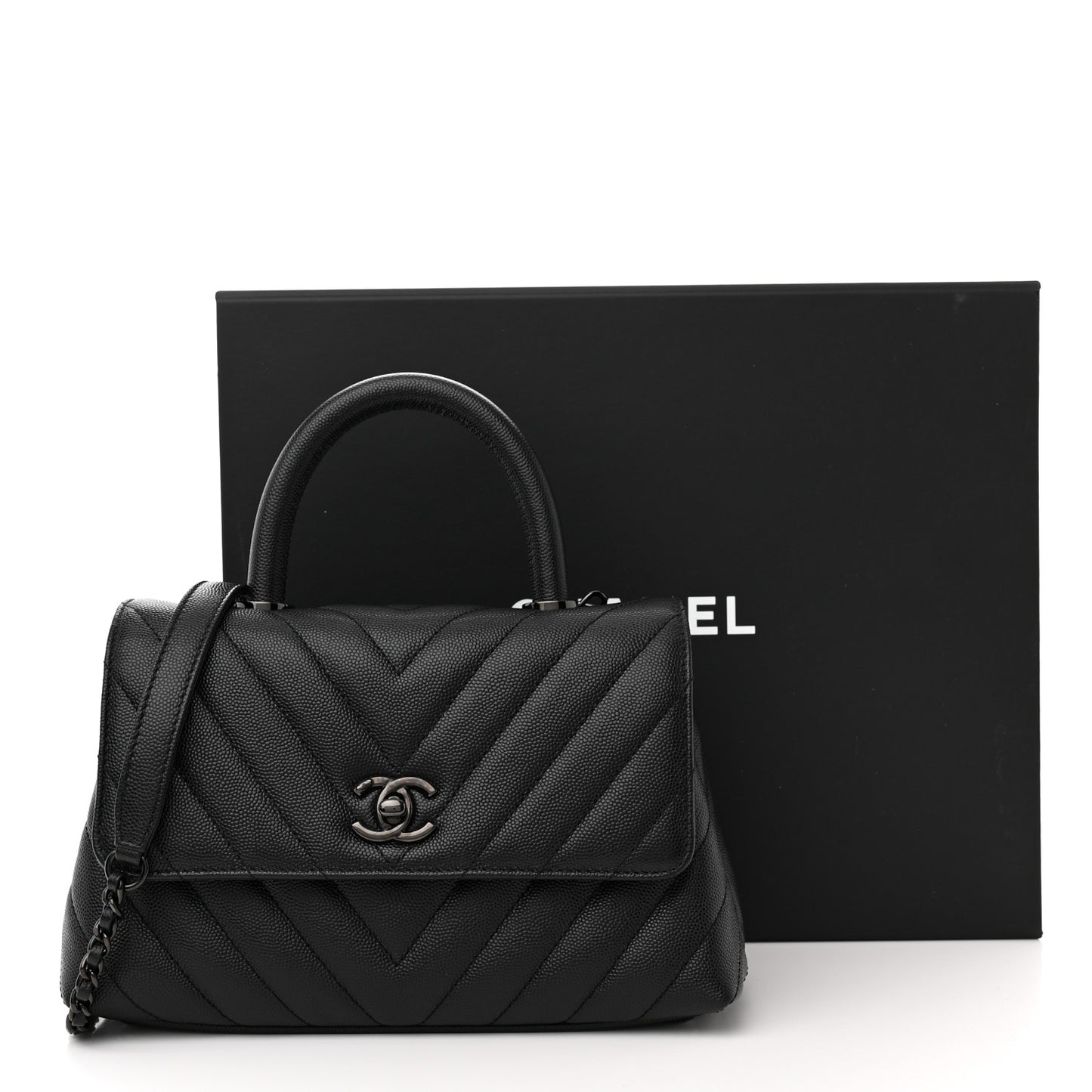 Caviar Chevron Quilted Mini Coco Handle Flap So Black