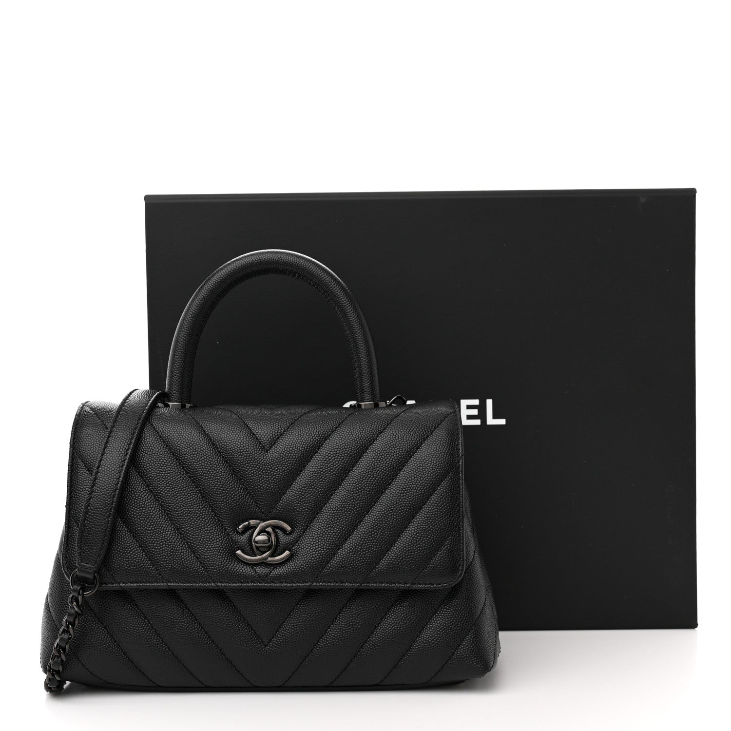 Chanel Caviar Chevron Quilted Mini Coco Handle Flap So Black 11 of 11