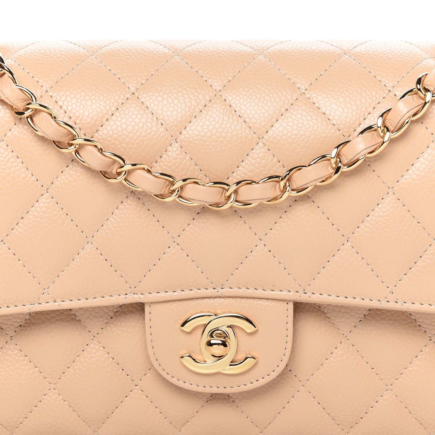 Caviar Quilted Medium Double Flap Beige