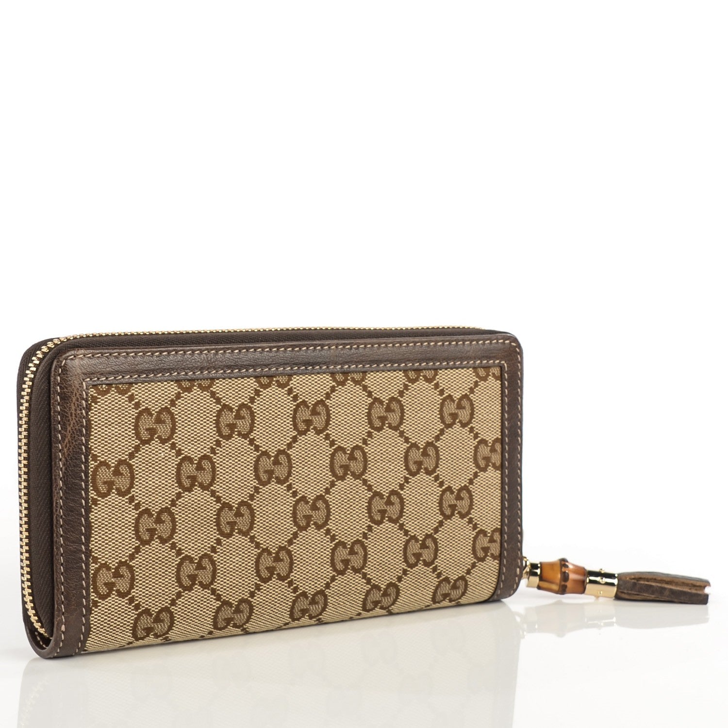 Gucci Monogram Calfskin Bamboo Tassel Zip Around Wallet Beige Ebony Chocolate 3 of 9