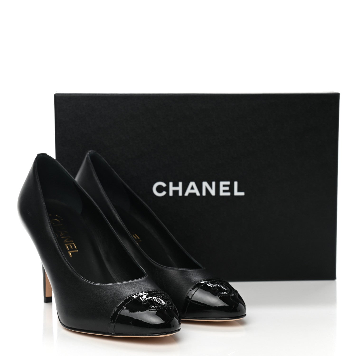 Chanel Lambskin Calfskin Patent Cap Toe CC Pumps 37 Black 10 of 10
