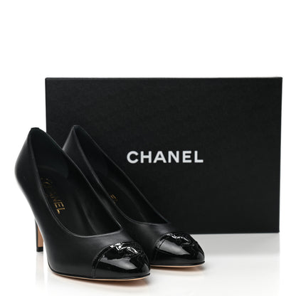 Chanel Lambskin Calfskin Patent Cap Toe CC Pumps 37 Black 10 of 10