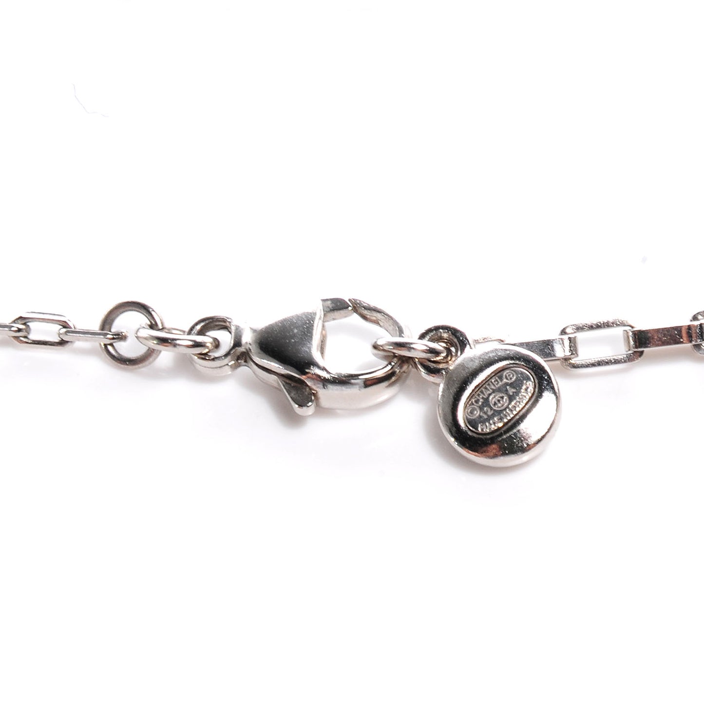 Pearl Crystal Baguette CC Chain Long Necklace Silver