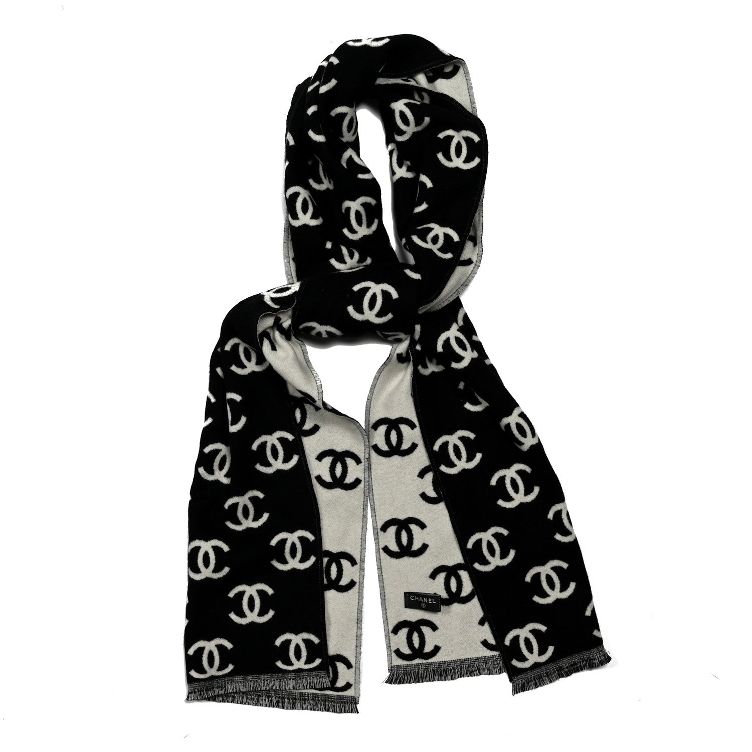 Chanel Wool Cashmere CC Scarf Black White 1 of 4
