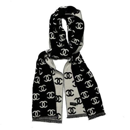 Chanel Wool Cashmere CC Scarf Black White 1 of 4
