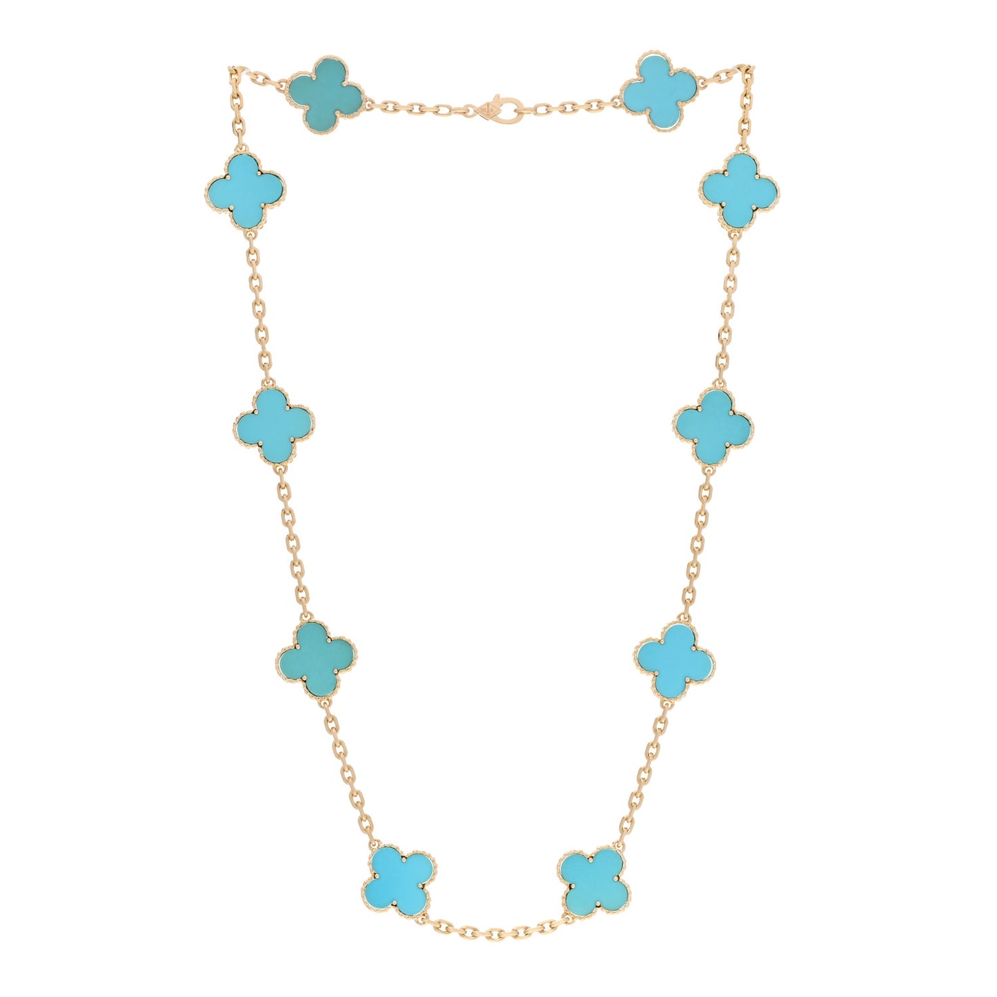 18K Yellow Gold Turquoise 10 Motifs Vintage Alhambra Necklace