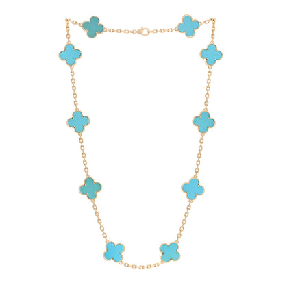 Van Cleef & Arpels 18K Yellow Gold Turquoise 10 Motifs Vintage Alhambra Necklace 4 of 11