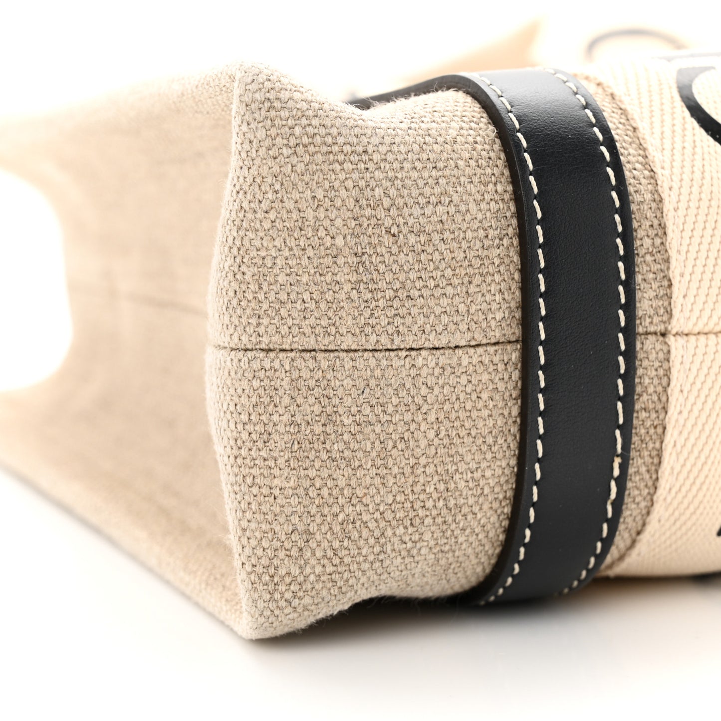 Linen Calfskin Small Woody Ribbon Tote White Black