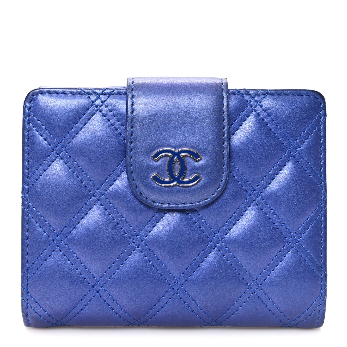 Iridescent Lambskin Quilted Double Stitch Compact Zipped Pocket Wallet Purple