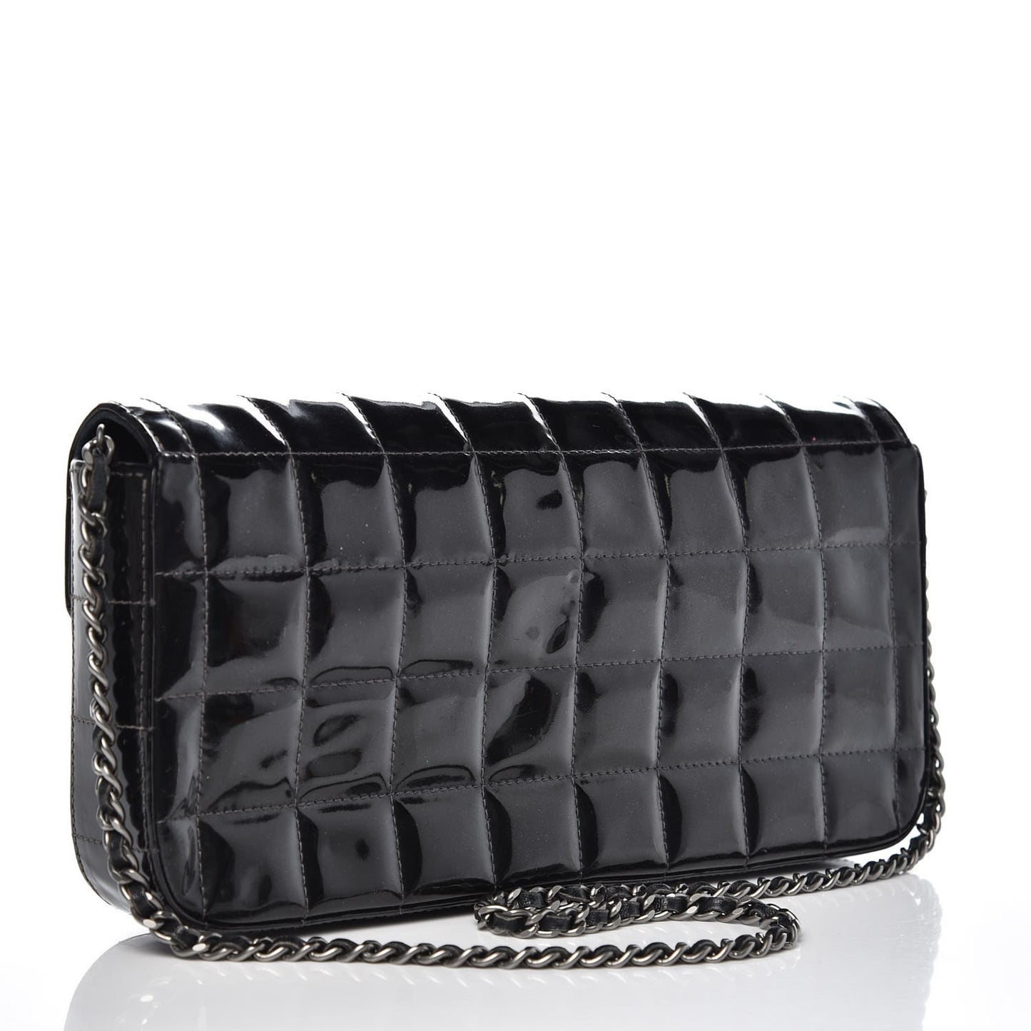 Patent Quilted East West Chocolate Bar Flap Black