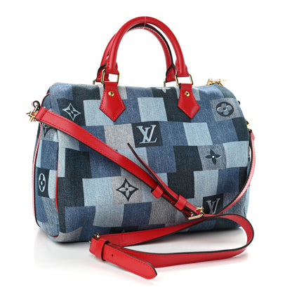 Louis Vuitton Denim Damier Monogram Patchwork Speedy Bandouliere 30 Blue Rouge 3 of 12