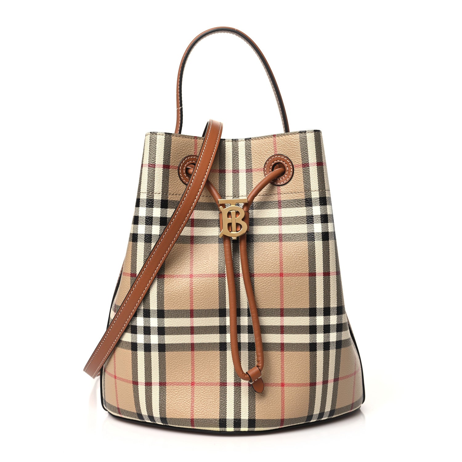 Burberry E-Canvas Vintage Check Small Drawstring Bucket Bag Briar Brown 1 of 9