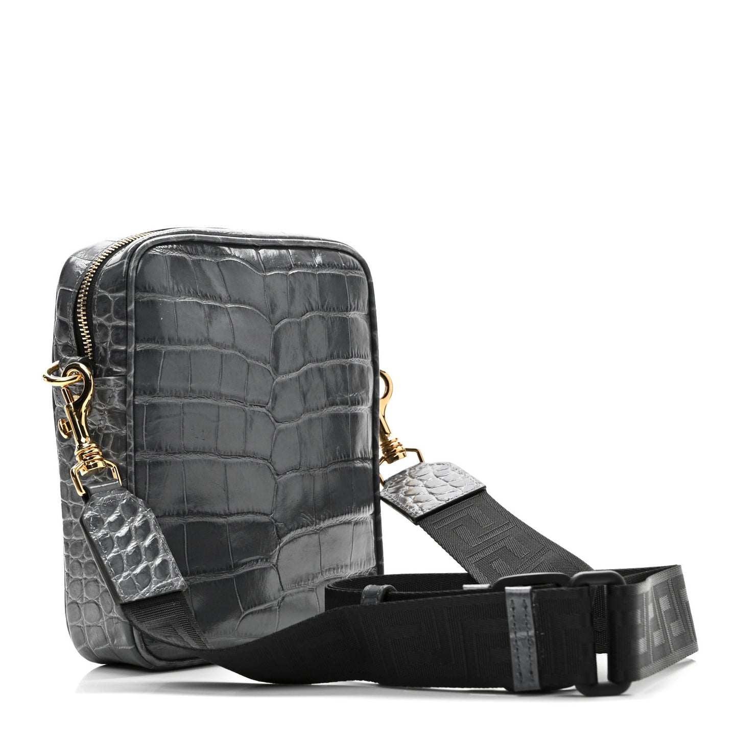 Calfskin Crocodile Embossed Medusa Messenger Bag Grey