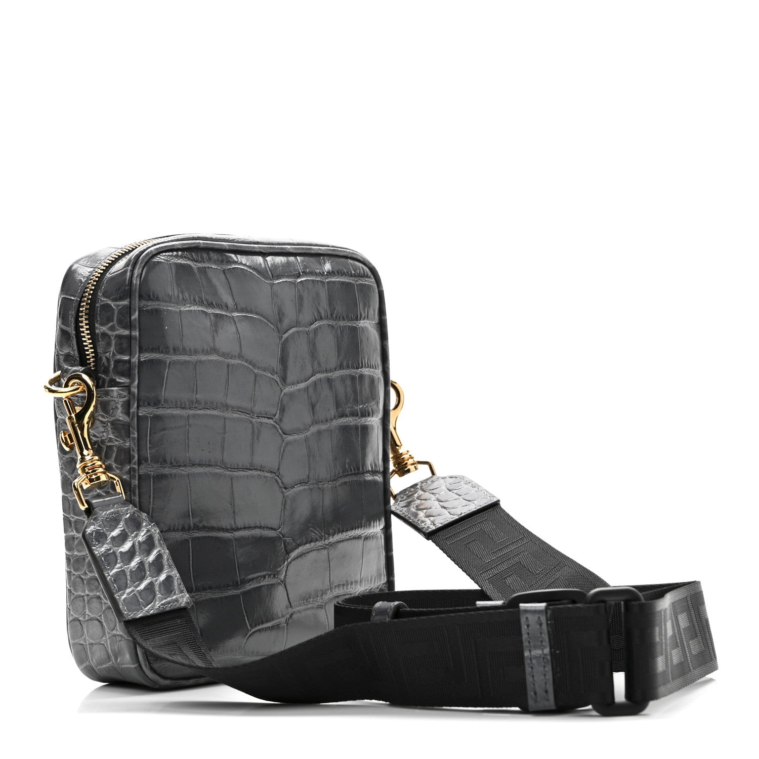 Versace Calfskin Crocodile Embossed Medusa Messenger Bag Grey 3 of 9