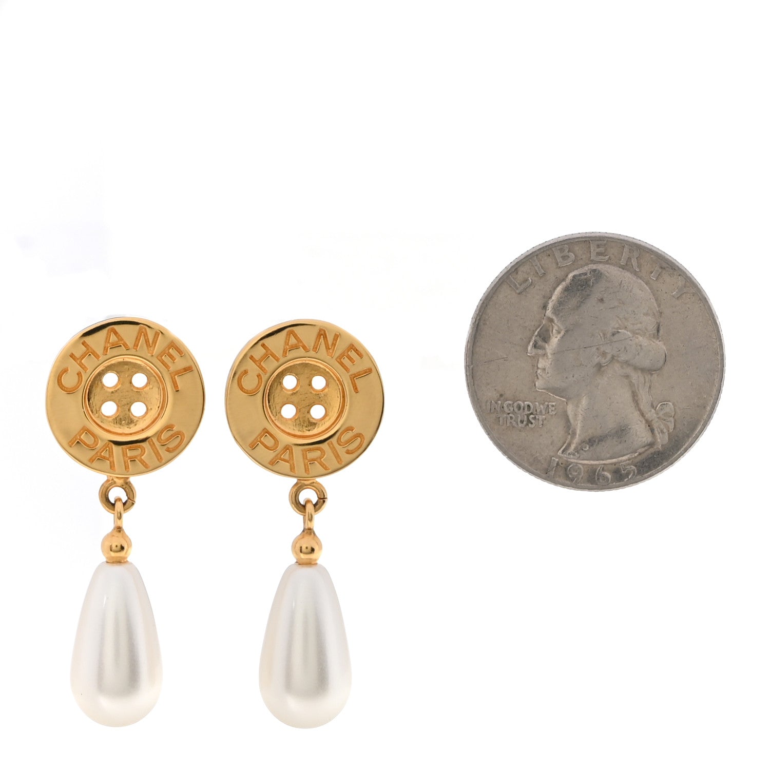 Chanel Metal Pearl Paris Button Drop Earrings Gold 2 of 5