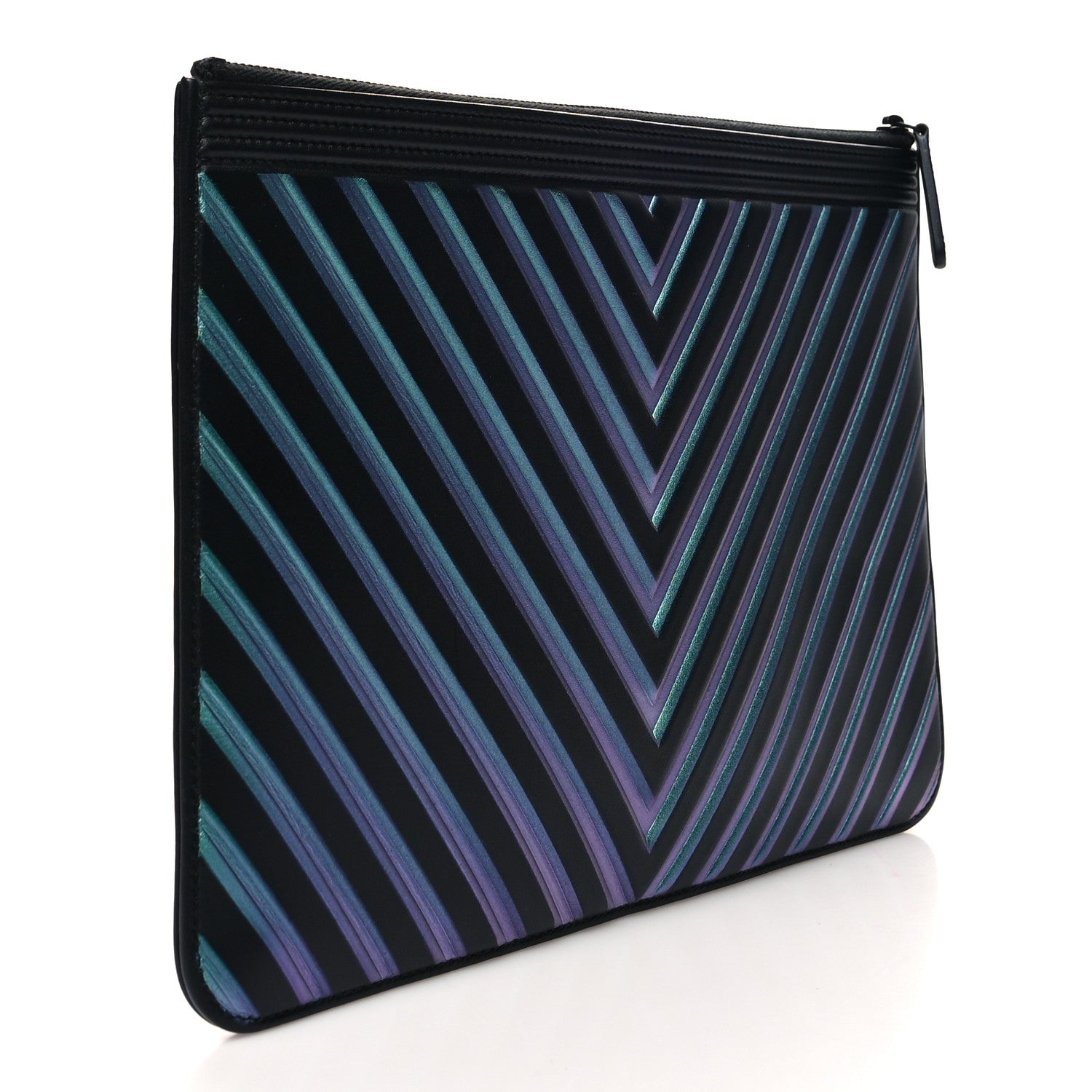 Chanel Calfskin Painted Chevron Embossed Medium Boy Zip Pouch Black 3 of 8