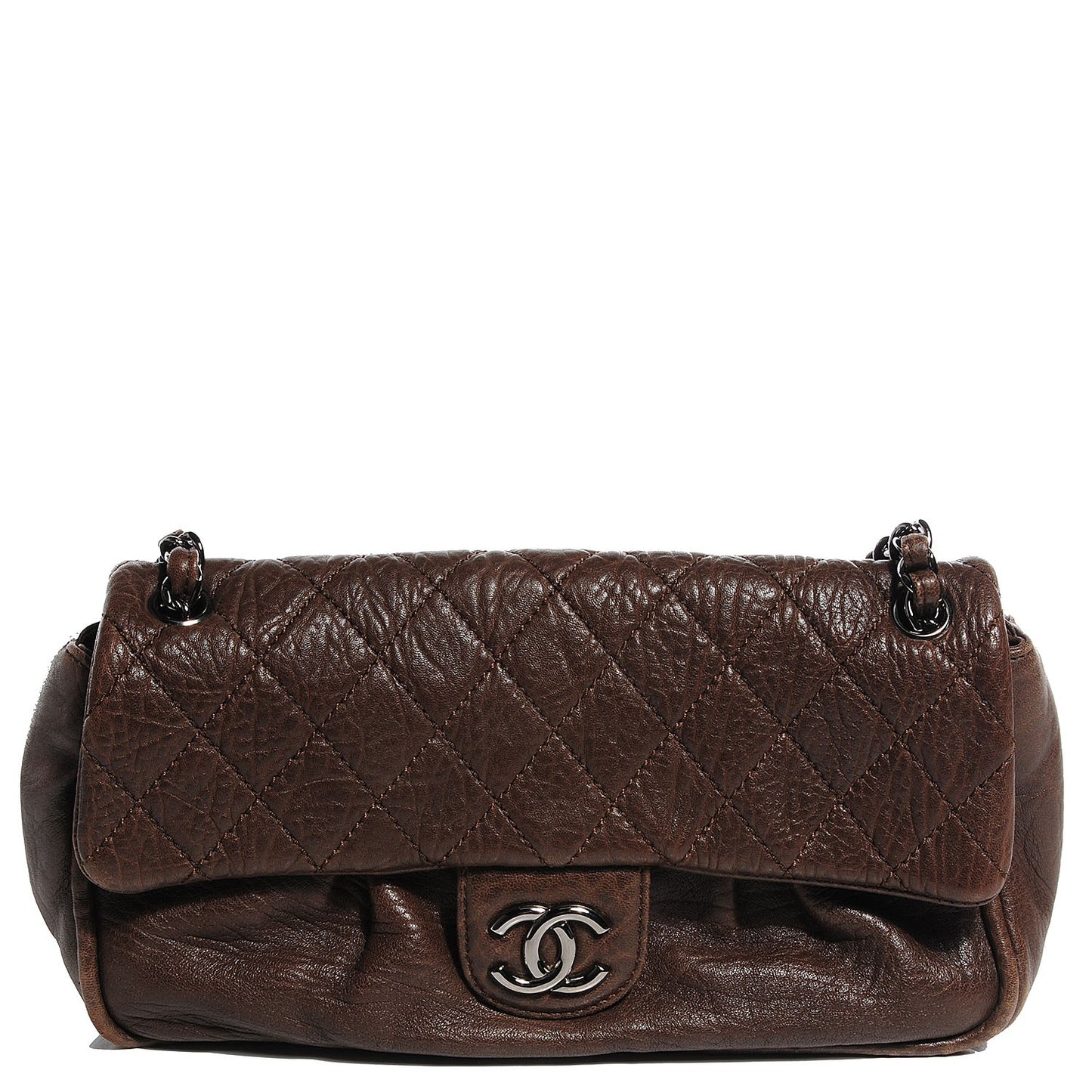 Distressed Lambskin Quilted Flap Brown