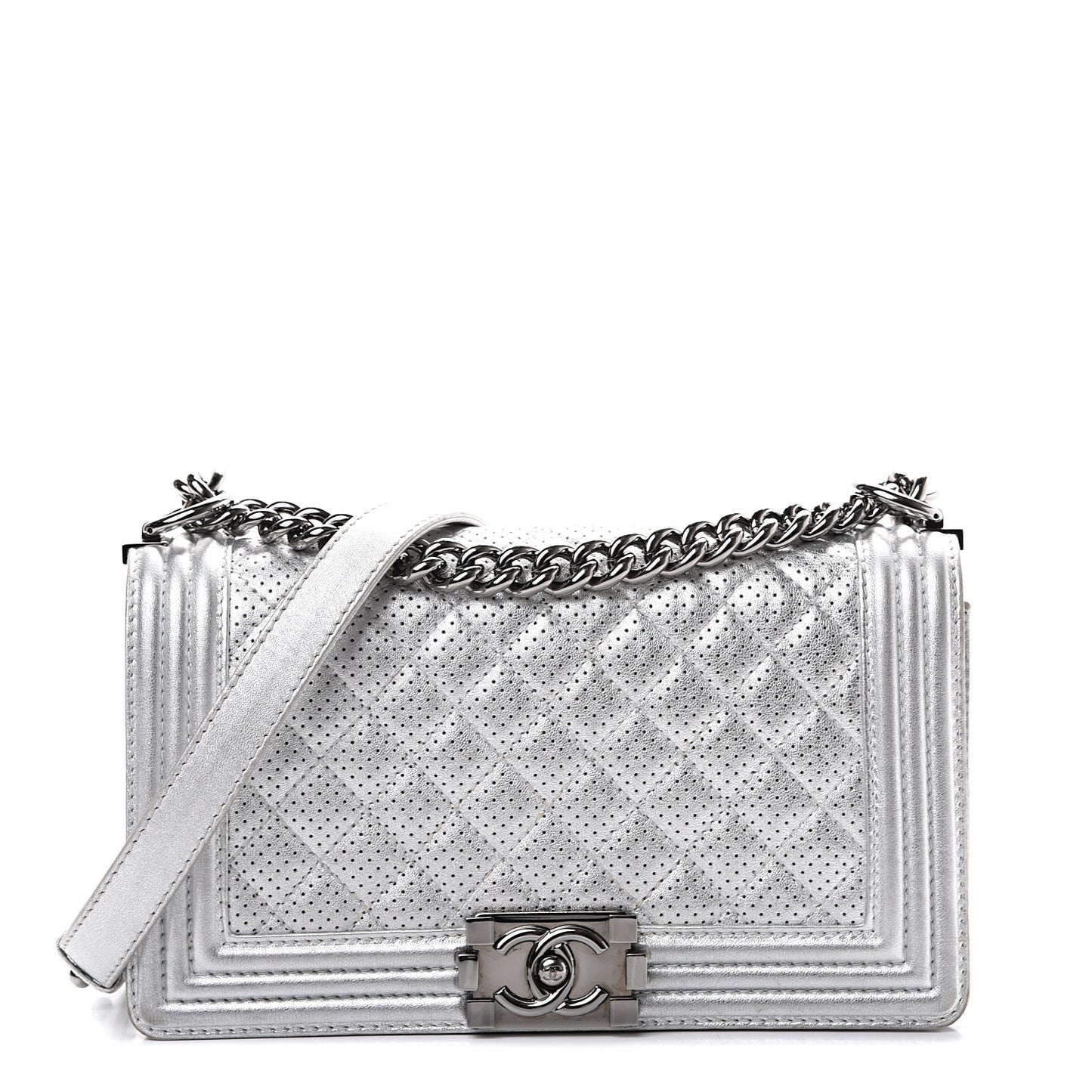 Metallic Perforated Lambskin Quilted Medium Boy Flap Argent