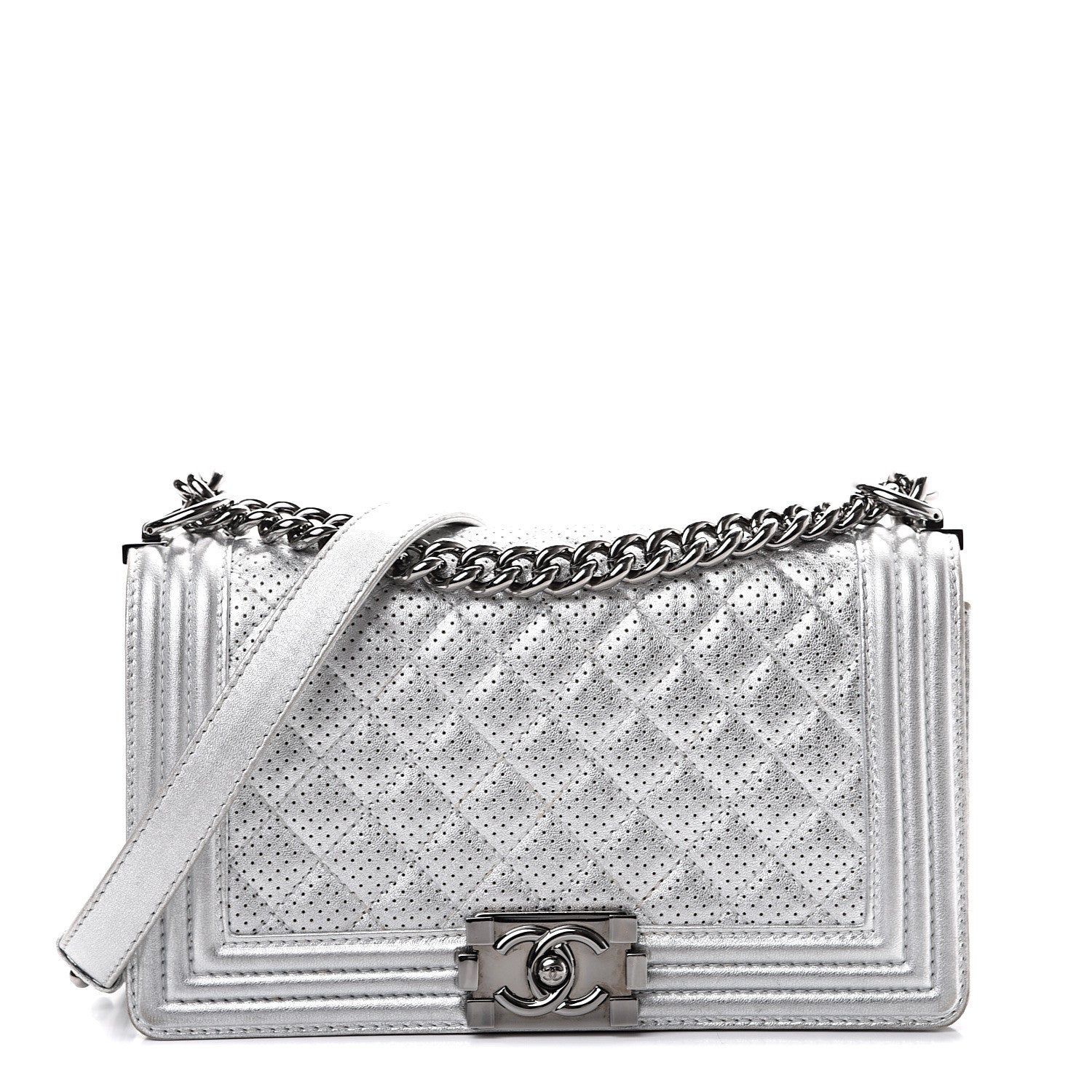 Chanel Metallic Perforated Lambskin Quilted Medium Boy Flap Argent 1 of 20