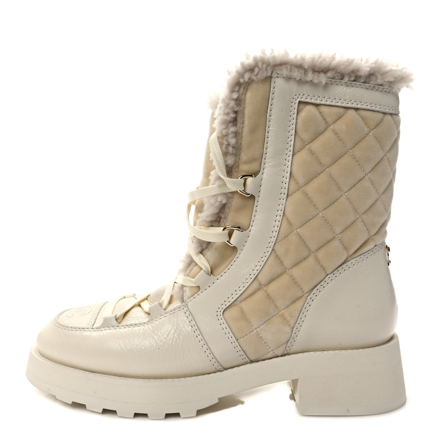 Shiny Crumpled Calfskin Velvet Shearling Lace Up Boots 38.5 Ivory