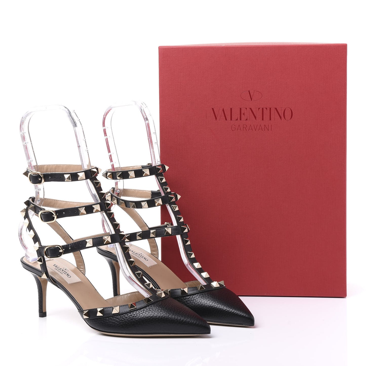 Pebbled Calfskin Rockstud Ankle Strap 65mm Pumps 37 Black