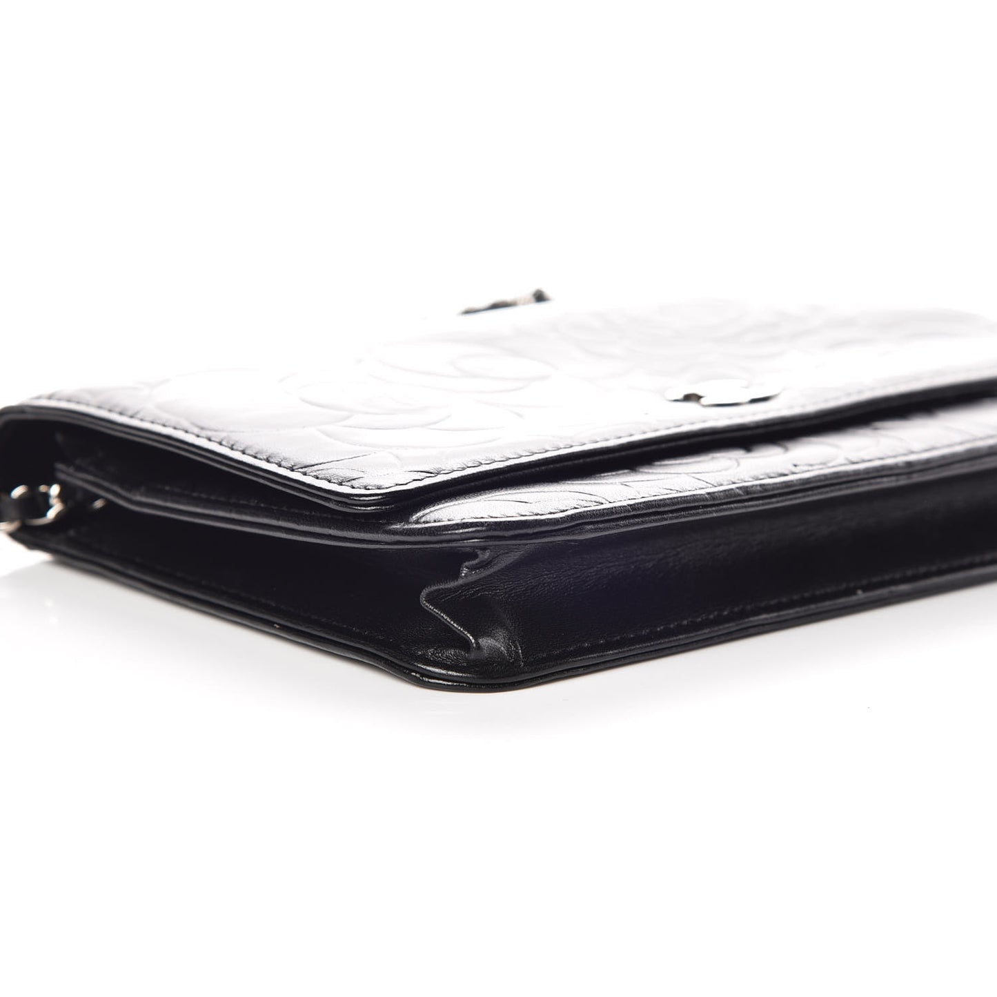 Lambskin Camellia Embossed Wallet on Chain WOC Black