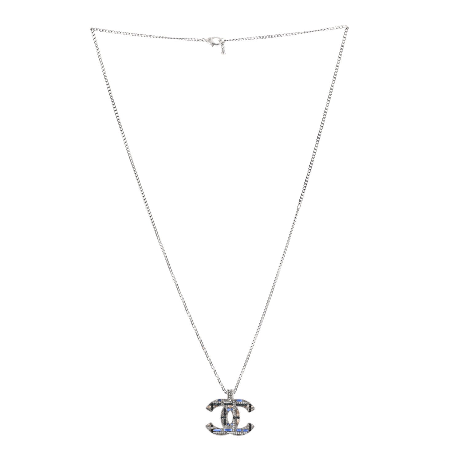 Chanel Crystal Pearl Tweed Effect CC Necklace Blue White 3 of 6