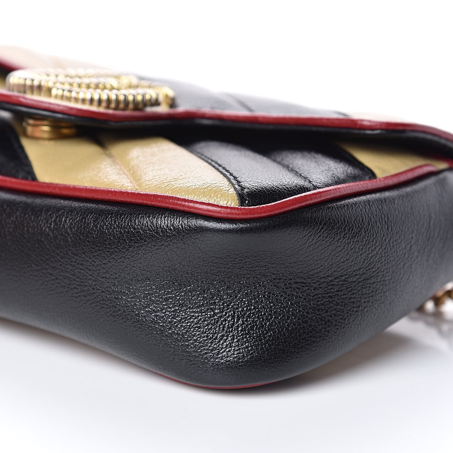 Vintage Effect Calfskin Matelasse Diagonal Striped Super Mini Torchon GG Marmont Shoulder Bag Black Beige